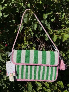 NWT Made in India Green and Pink Striped Beaded Bag with Bag Charm New
